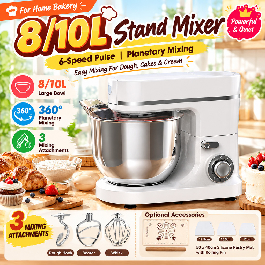 Commercial Stand Mixer 2200W 10L Heavy Duty 6 Speed Pulse Control Dough Kneading Machine Large Capacity Baking Mixer Mesin Pengadun Adunan Tepung