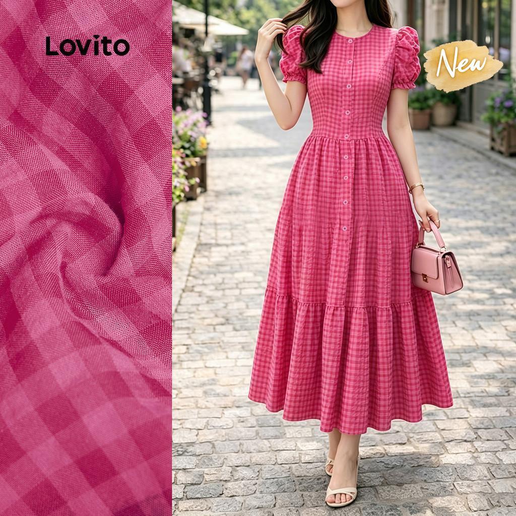 (New Arrival) Lovito Casual Dress Button Spring/summer Rose Red Dress for Women L196ED128 Lovito Corak Pakaian Kasual Kancing Musim Bunga/panas Gaun Merah Mawar untuk wanita L196ED128