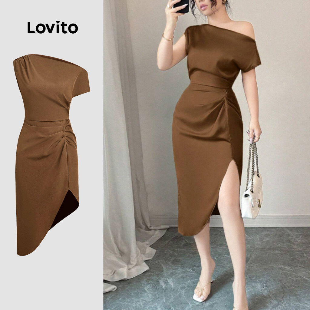 (Elegant) Lovito Glamorous Dress Pleated Zipper Brown Dress for Women L155AD343 Lovito Gaun Gemerlapan Berlipit dengan Zip Warna Coklat untuk Wanita L155AD343