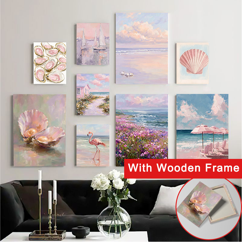 (With Frame) Pastel Pink Coastal Nautical Canvas Wall Art Ocean Seascape Sailboat Floral Flamingo Vintage Oil Painting Prints Aesthetic Wall Decor for Bedroom Hallway Living Room