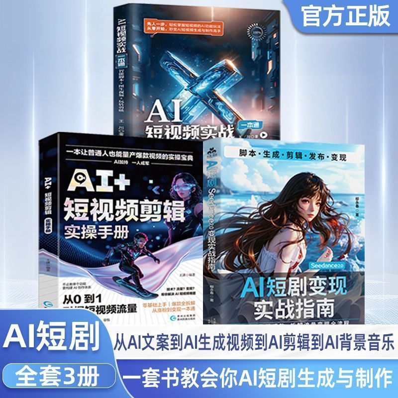 现货Spot 3册AI短剧变现+AI短视频剪辑+A短视频实漫剧脚本图生视频剪映 In-stock 3 volumes: AI Short Drama Monetization + AI Short Video Editing + A Short Video Real Comic/可乐7.30