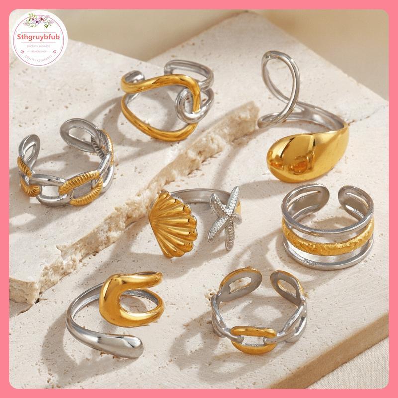 STHB Sustainable Stainless Steel Starfish Shell Ring Two Tone Pattern Jewelry Eco-friendly for Women Daily Wear Gift VN