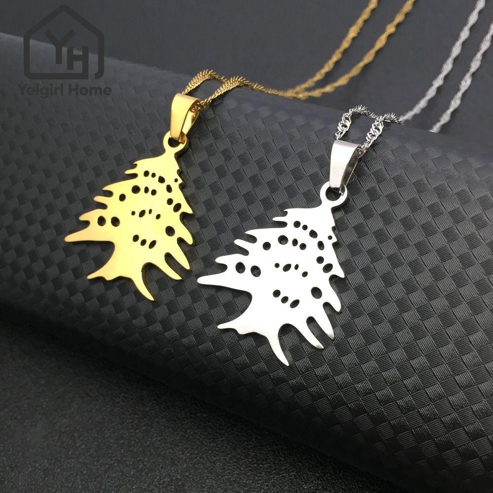 YELGIRLB Tree Pendant Necklace, Stainless Steel Green Enamel Cedar Tree Pendant Necklace, Pendant Design Patriotic Symbol Lebanon Symbol Necklace National Symbol Wear