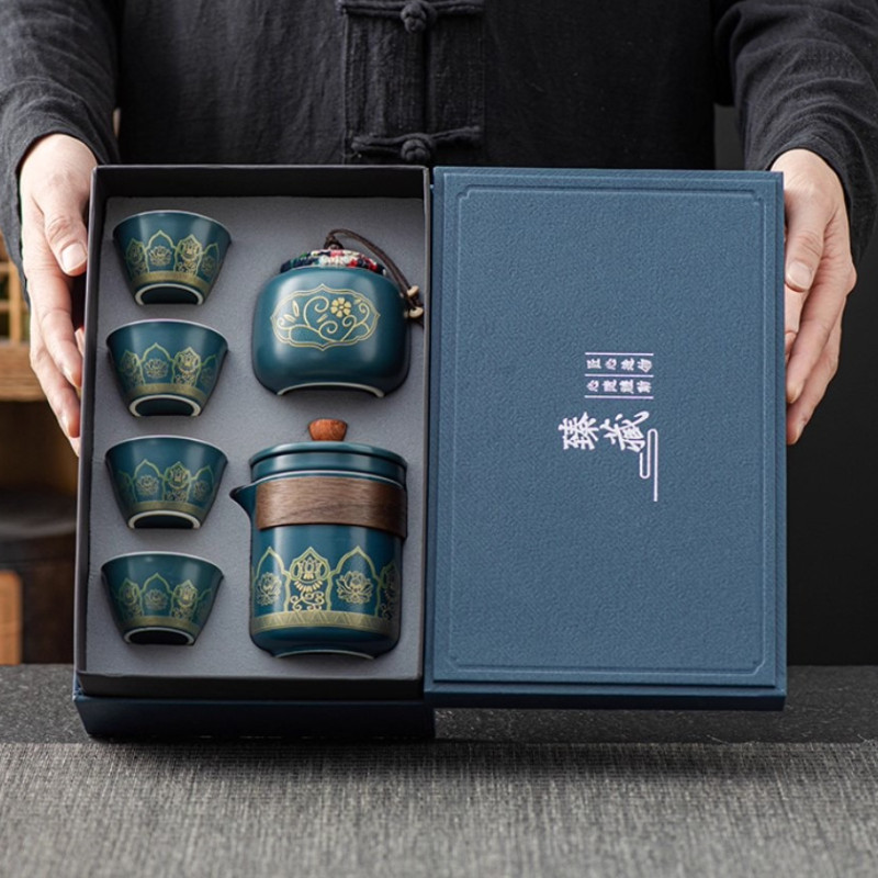 Hari Raya Tea Set Gongfu Tea Set Ceramic Teapot Tea Canister Teacups Vintage-Style Gift Box christmas gift Set Perkakas