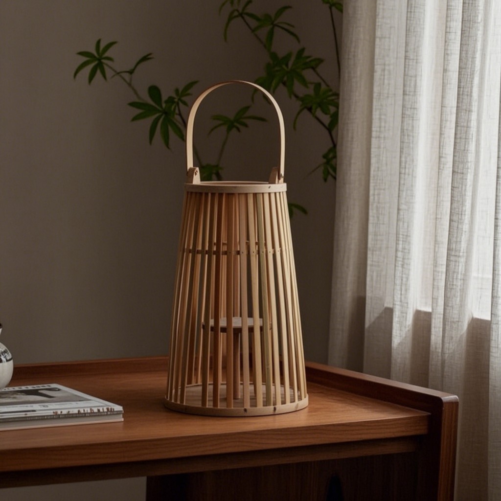 Lantern with Electronic Candle Slatted Bamboo Lantern Airy Artisan-Made Look for Tabletop, Floor Accent