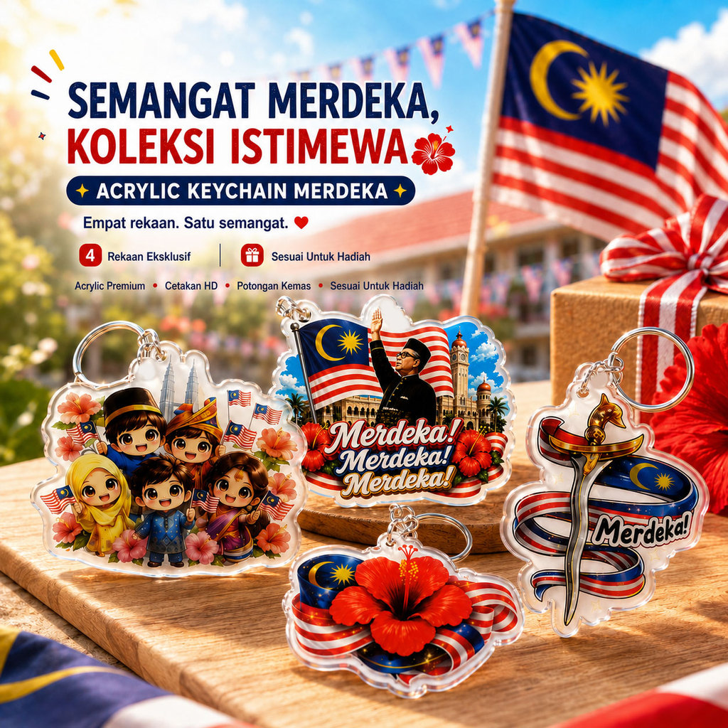 VCR Keychain Merdeka Acrylic Rantai Kunci Jalur Gemilang Souvenir Hari Kebangsaan Malaysia Hadiah Sekolah Event Merdeka
