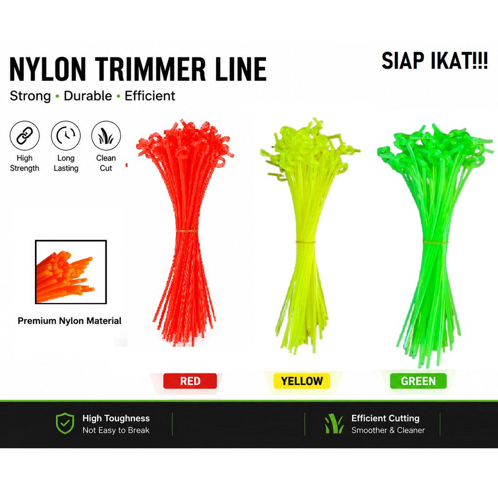 TALI MESIN RUMPUT - GRASS TRIMMER LINE 2.4mm/2.6mm/3.0mm (siap potong/simpul)
