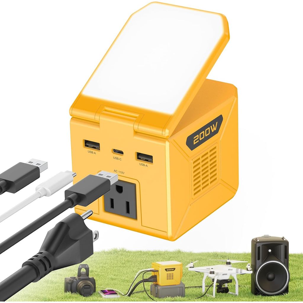 Inverter Kuasa 200W untuk Bateri DeWalt 20V MAX, Penukar DC ke 110V AC dengan 2 USB, Type-C, Soket AC & Lampu Kerja LED, Stesen Kuasa Mudah Alih untuk Berkhemah, Kecemasan & Tempat Kerja, T