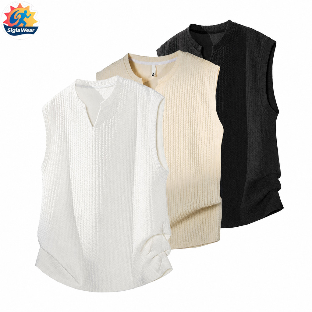 SIGLA Buy 1 Get 1 Muscle Tee Sleeveless Shirt Men's Textured Fabric Streetwear American Retro Outdoor Sports Gym Running Comfortable Summer Top