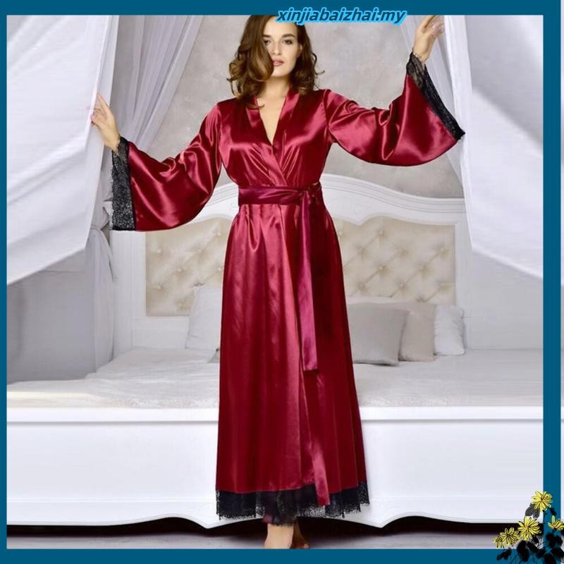 FREEGIFT Women Sexy Long Silk Kimono Dressing Gown  Pyjamas Bath Robe Babydoll Lingerie Nightdress Pajamas