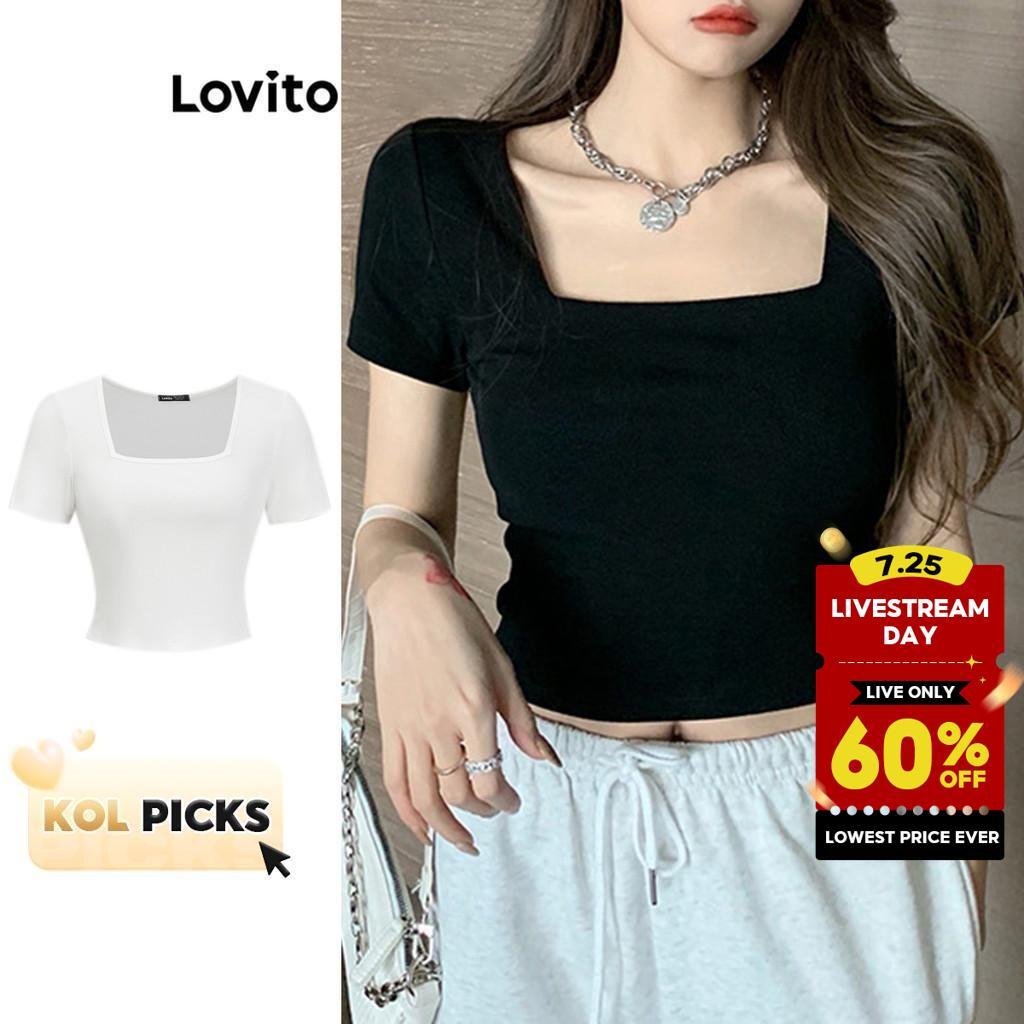 (KOL‘s pick) Lovito Casual Plain Basic Square Neck T-Shirt for Women LNE11006 (Multi-color) Lovito Casual Kaos Leher Polos untuk Wanita