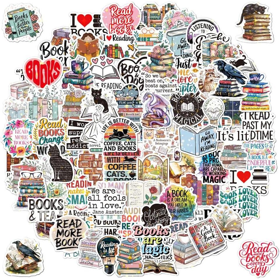 100 PCS Pelekat Vinyl Holografik Bertemakan Buku, Pelekat Estetik Bacaan Fantasi dengan Kemasan Berkilau Bintang, Pelekat Pra-Potong Tahan Air untuk E-Reader, Komputer Riba, Botol Air, Jurnal & Lain-lain