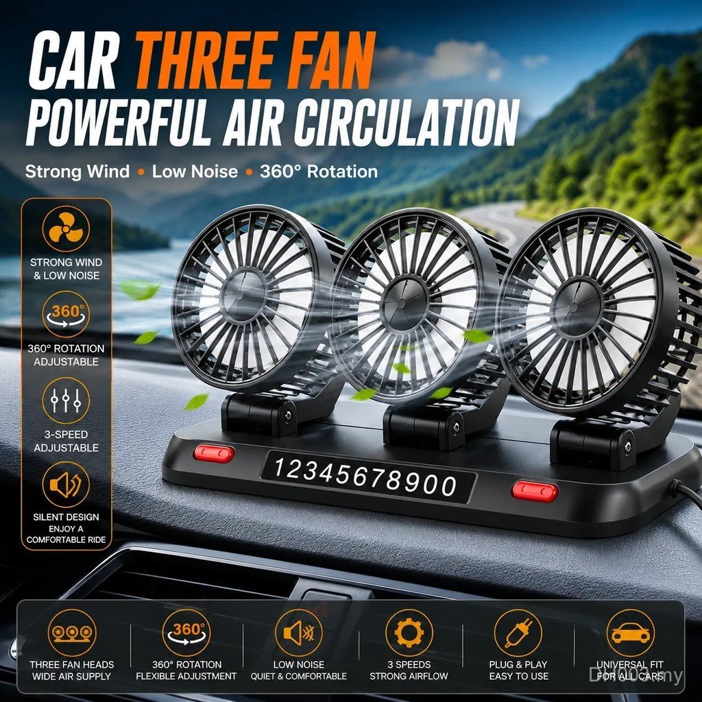 【 LIVE ONLY 】 360° Adjustable Triple Head Car Fan | USB/12V/24V Silent Electric Cooling Fan with 2 Speeds for Car, Home & Office | Kipas Kereta 3 Kepala Boleh Laras Senyap USB/12V/24V untuk Rumah & Pejabat
