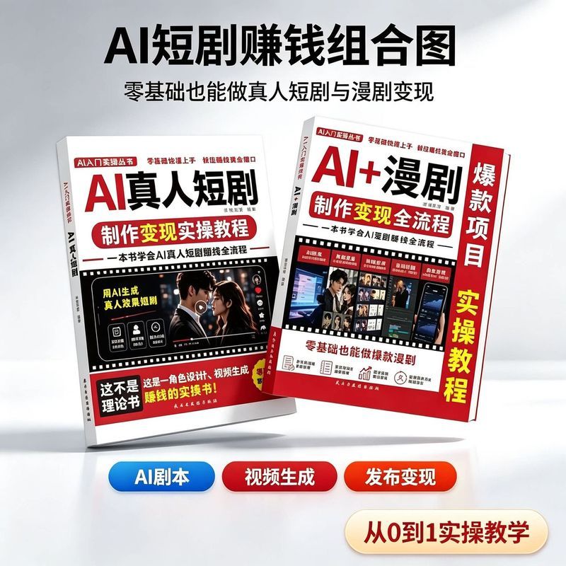 AI真人短剧+AI漫剧制作变现全套2册零基础实操短视频副业赚钱教程 AI live-action short drama + AI comic production for monetization, complete 2-volume set of practical tutorials for making money with short videos as a side job for beginners