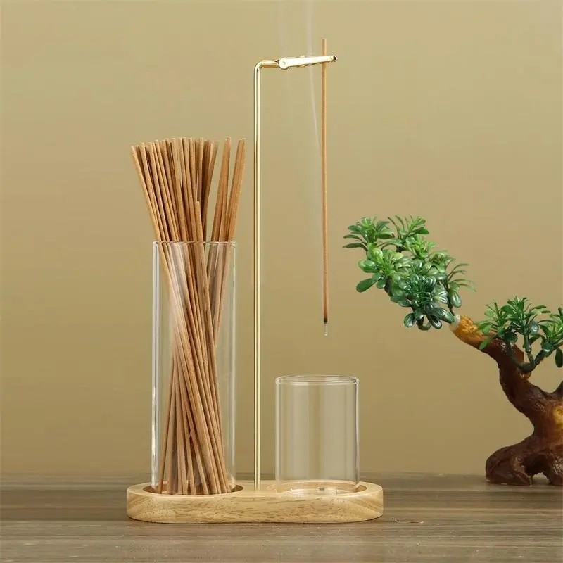 2 in 1 Incense & Candle Holder, 1 Count Wooden Base Aromatherapy Diffuser Incense Burner with Removable Glass Ash Collector, Woody Home Decor Ornament for Living Room Bedroom, Funn