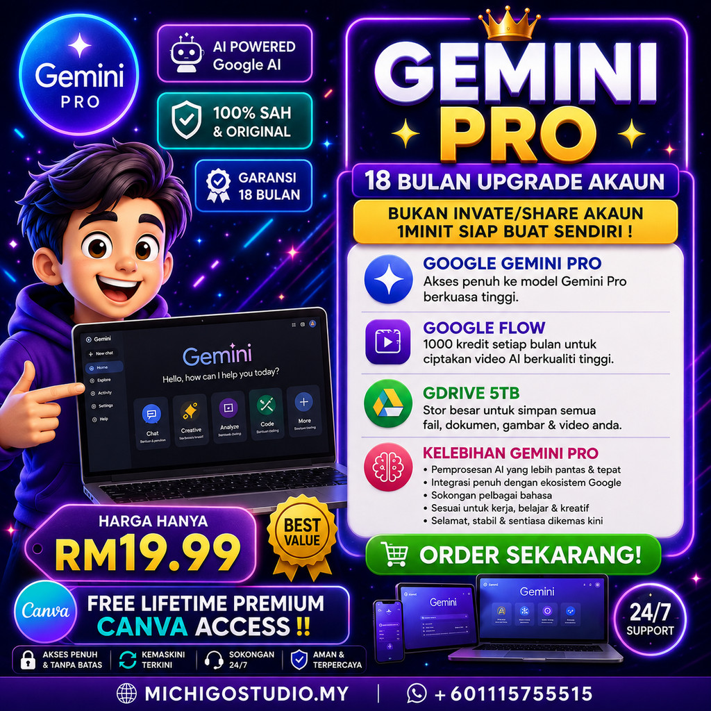 👑 GEMINI PRO 18 BULAN × CANVA LIFETIME 🚀 GOOGLE FLOW & VEO 3 🎬 1000 FLOW CREDIT/BULAN ☁️ 5TB GDRIVE 💎 RM19.99