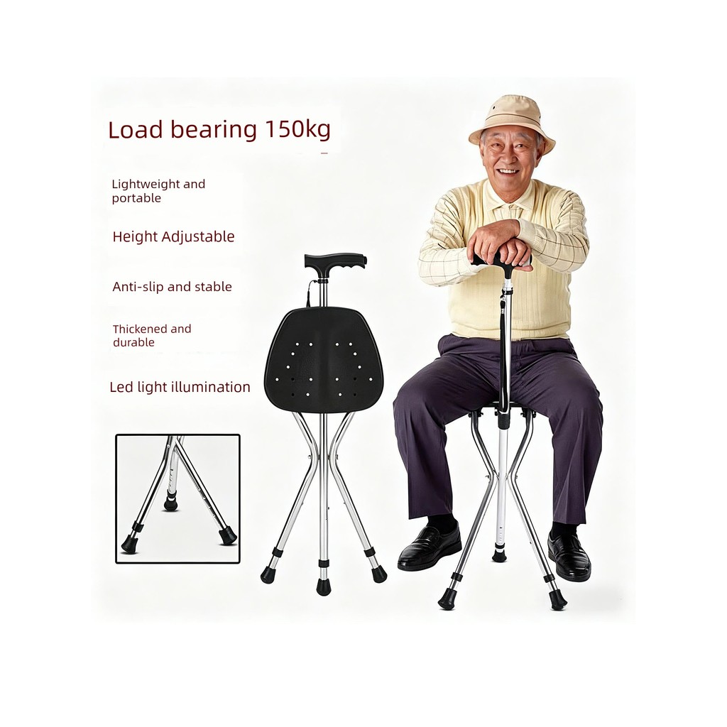 tongkat hiking tongkat kaki 4 Crutches Elderly Crutches Can Seat with Chairs Dual-use Can Sit Lightweight Anti-slip Foldable with Stool Elderly Cane