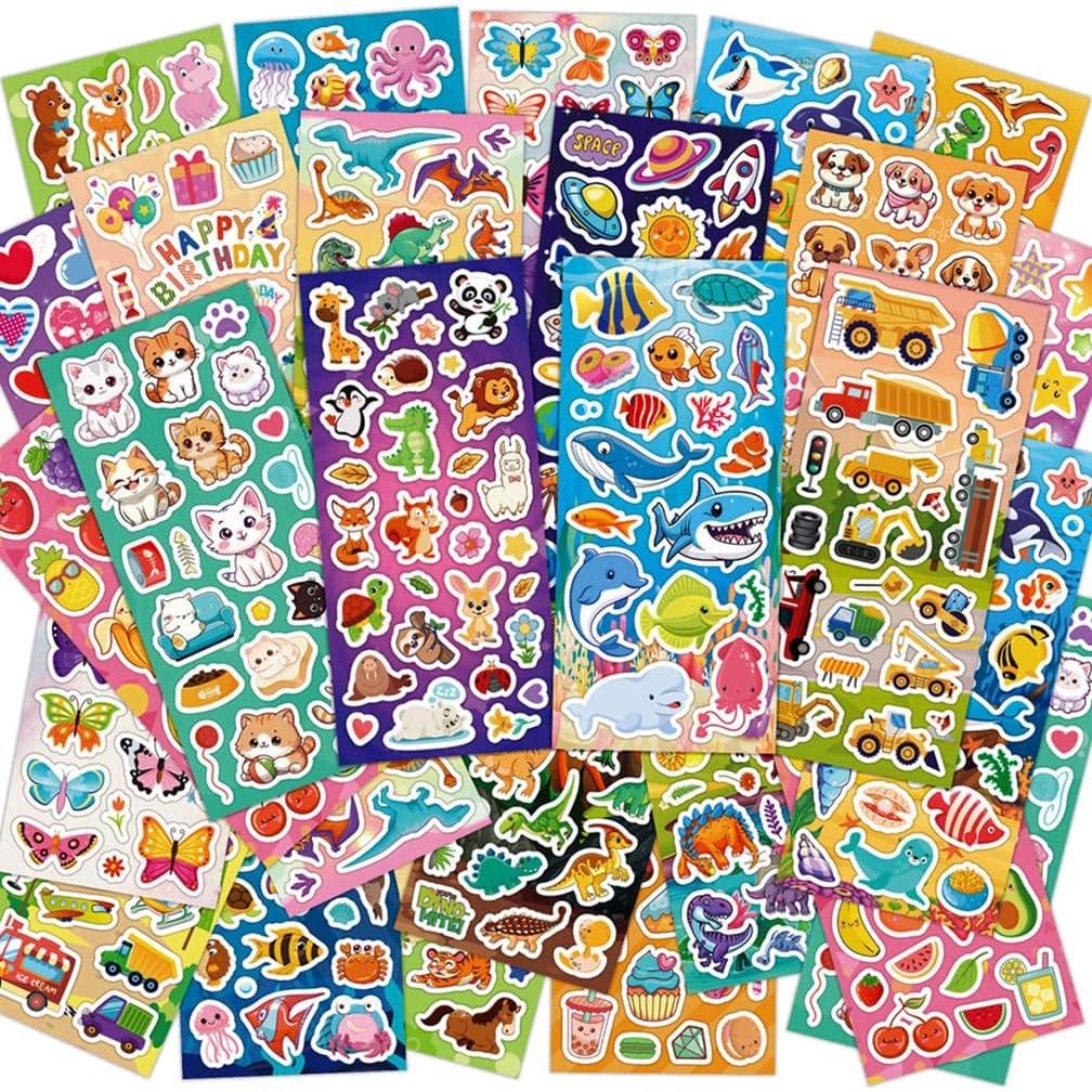 KARSLORA 36 Helai Pelekat untuk Kanak-Kanak, 800+ Pelekat untuk Scrapbooking Termasuk Haiwan, Buah-buahan, Dinosaur, Hati, Kucing, Ikan, Kereta, Angkasa dan Lain-lain, Hadiah Parti untuk Kanak-Kanak