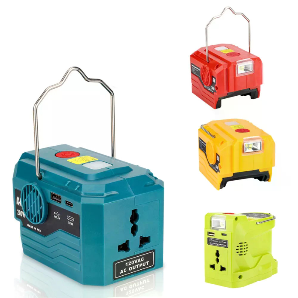 200W DC to AC220V  Inverter LED Work Light Power Bank Charger For Bosch For DeWalt For Makita For Milwaukee For Ryobi 18V 20V Lithium Battery