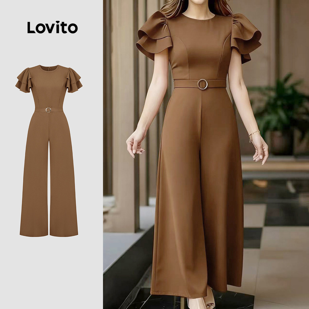 Lovito Elegant Jumpsuit Belted Commute Ruffle Spring/summer Brown Jumpsuit for Women L164ED324 Lovito Elegant Jumpsuit Bertali Pinggang Ruffle Ulang-alik Coklat Musim Bunga/musim Panas Untuk Wanita L164ED324