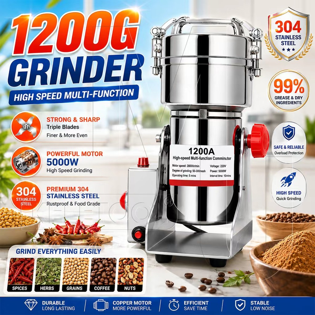 1200G Electric Grain Grinder Machine Stainless Steel Dry Food Powder Grinder for Coffee Herbs Spices Nuts Beans Mesin Pengisar Rempah Pengisar Kering