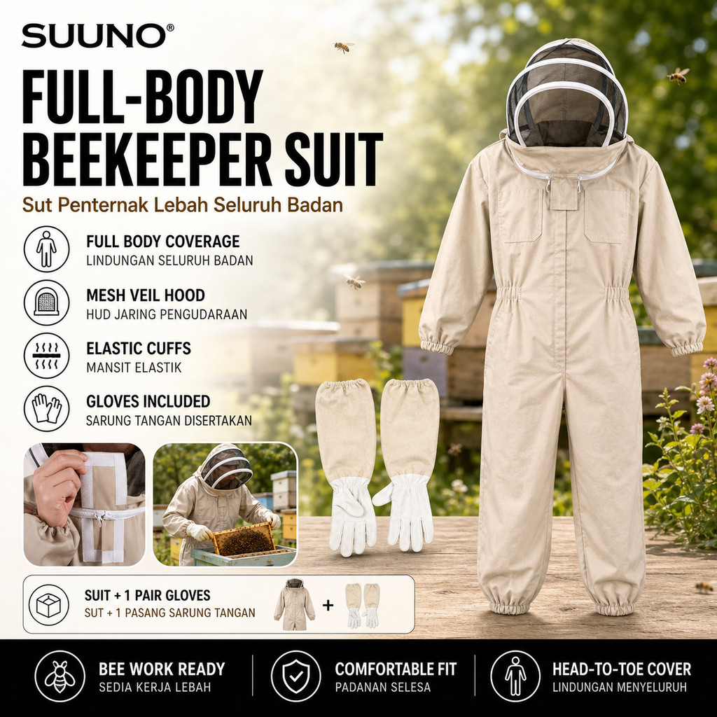 SUUNO Full Body Protective Beekeeper Suit Gloves Beekeeping Equipment Veil Honeybee Clothes Apiary