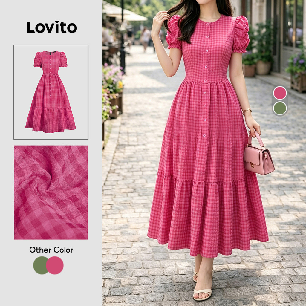 (New Arrival) Lovito Casual Dress Button Spring/summer Rose Red Dress for Women L196ED128 Lovito Corak Pakaian Kasual Kancing Musim Bunga/panas Gaun Merah Mawar untuk wanita L196ED128
