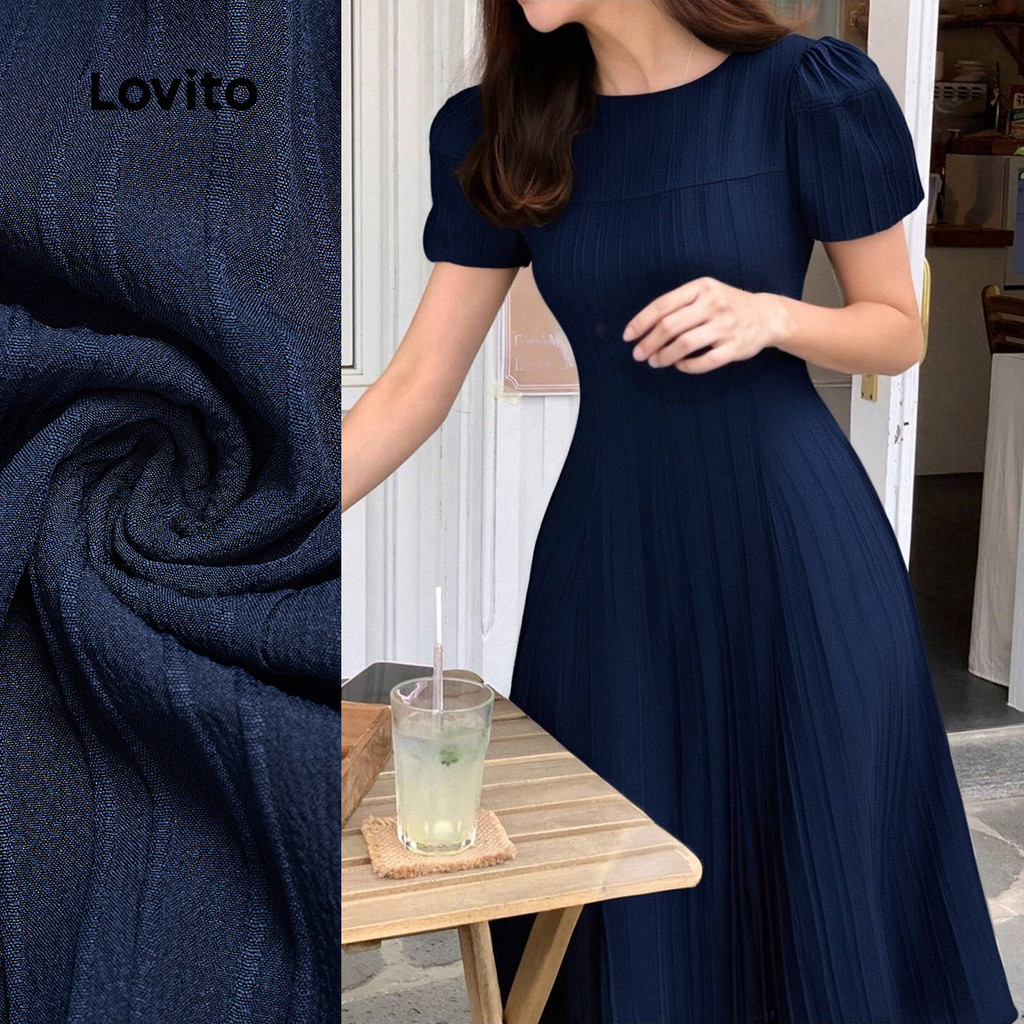 Lovito Elegant Dress Jacquard Structure Line Spring/summer Navy Blue Dress for Women L149LD099 Lovito Elegant Gaun Jacquard Struktur Barisan Musim Bawar Laut Biru L149LD099
