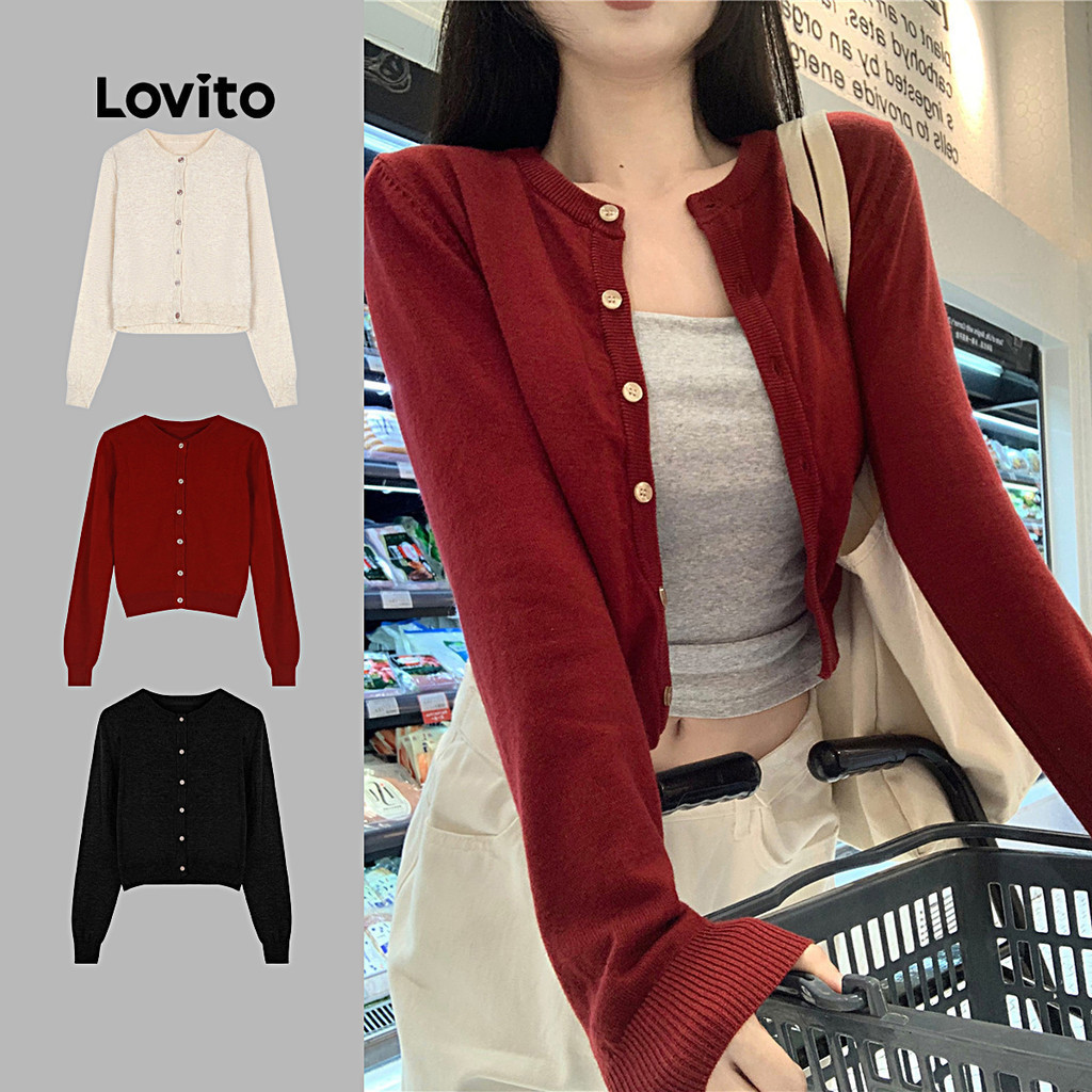 Lovito Casual Cardigans Lightweight Outerwear Party Button Leisure Autumn/winter Red Cardigans for Women LNA126013 Lovito Casual Kardigan Pakaian Luar Ringan Butang Parti Riadah Kardigan Merah Musim Luruh/sejuk Untuk Wanita LNA126013