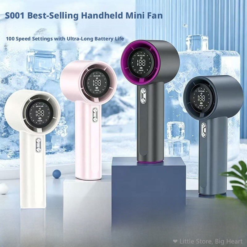 Kipas Mini Handheld 100 Speed Digital Display, S001 Portable Turbo Fan USB Rechargeable, Kipas Angin Kecil untuk Cuaca Panas & Luar, Hadiah Praktikal 🌬️