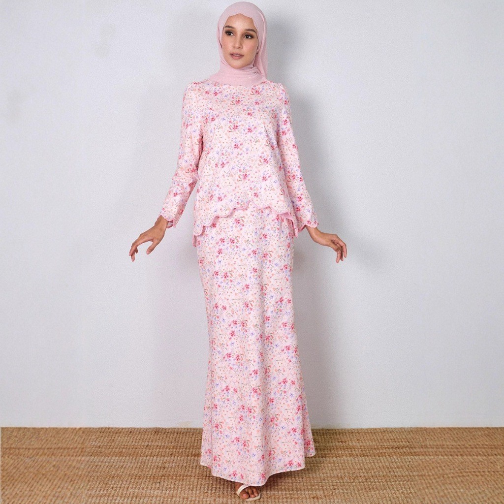 GDTIMA NEW Baju Kurung Raya Viral Muslimah Kebaya Ironless Modern Floral Suit Two Piece Pink Set
