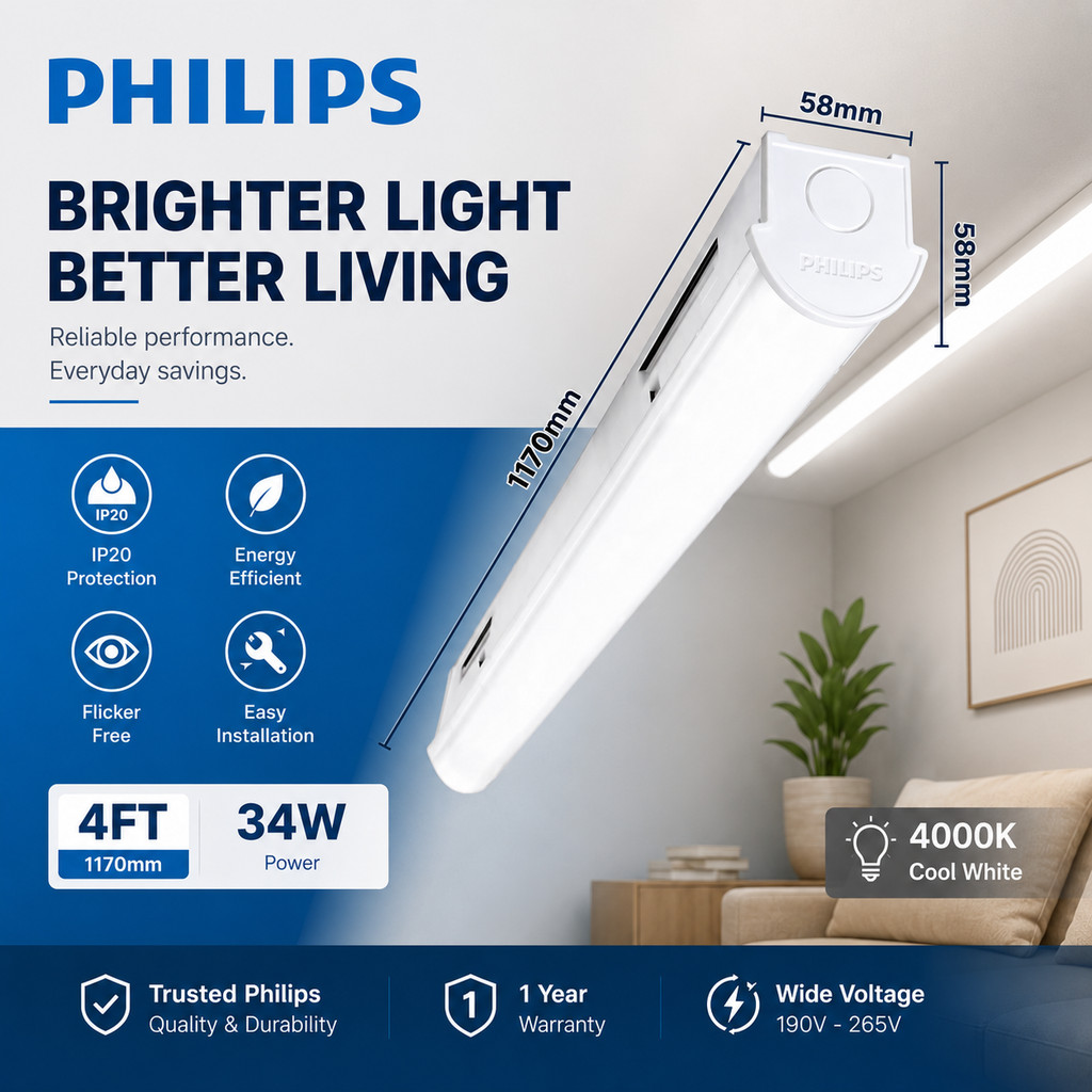 Philips 4Feet LED Batten IP20 34W 4000K BN208C Ceiling Tube Light Surface Mounted