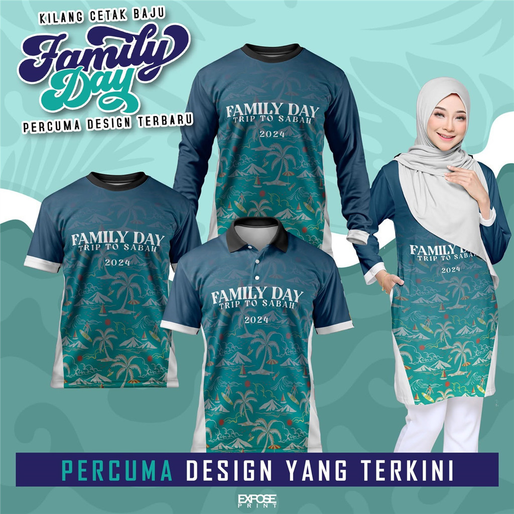 Trendy 2026 Family Day matching jersey fully sublimated Muslimah Tunic family reunion beach casual wear Malaysia in stock
