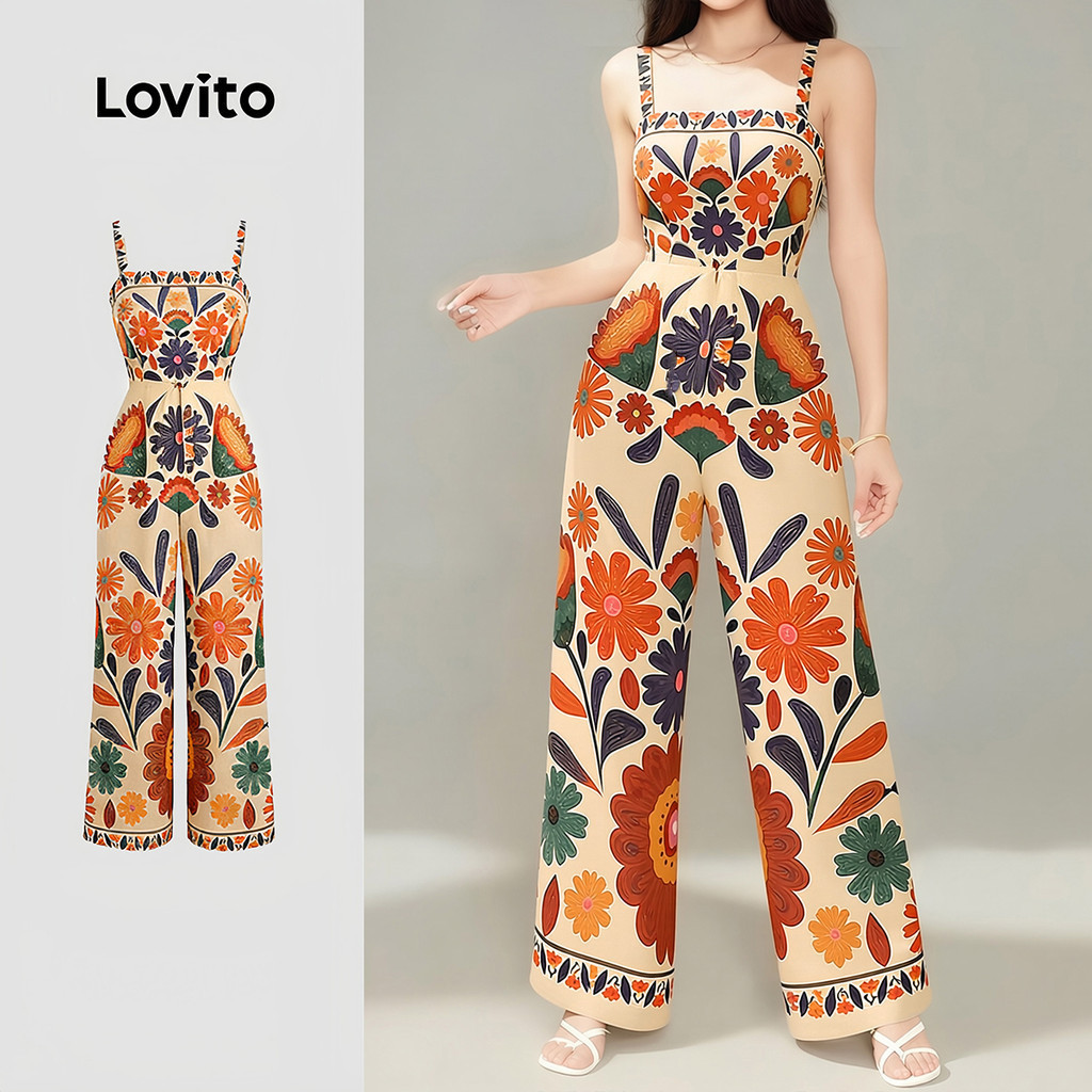 Lovito Vacation Jumpsuit Zipper Belted Spring/summer Jumpsuit for Women LK4ED519 Lovito Vacation Jumpsuit Berzip Bertali untuk Wanita Musim Bunga/musim Panas LK4ED519