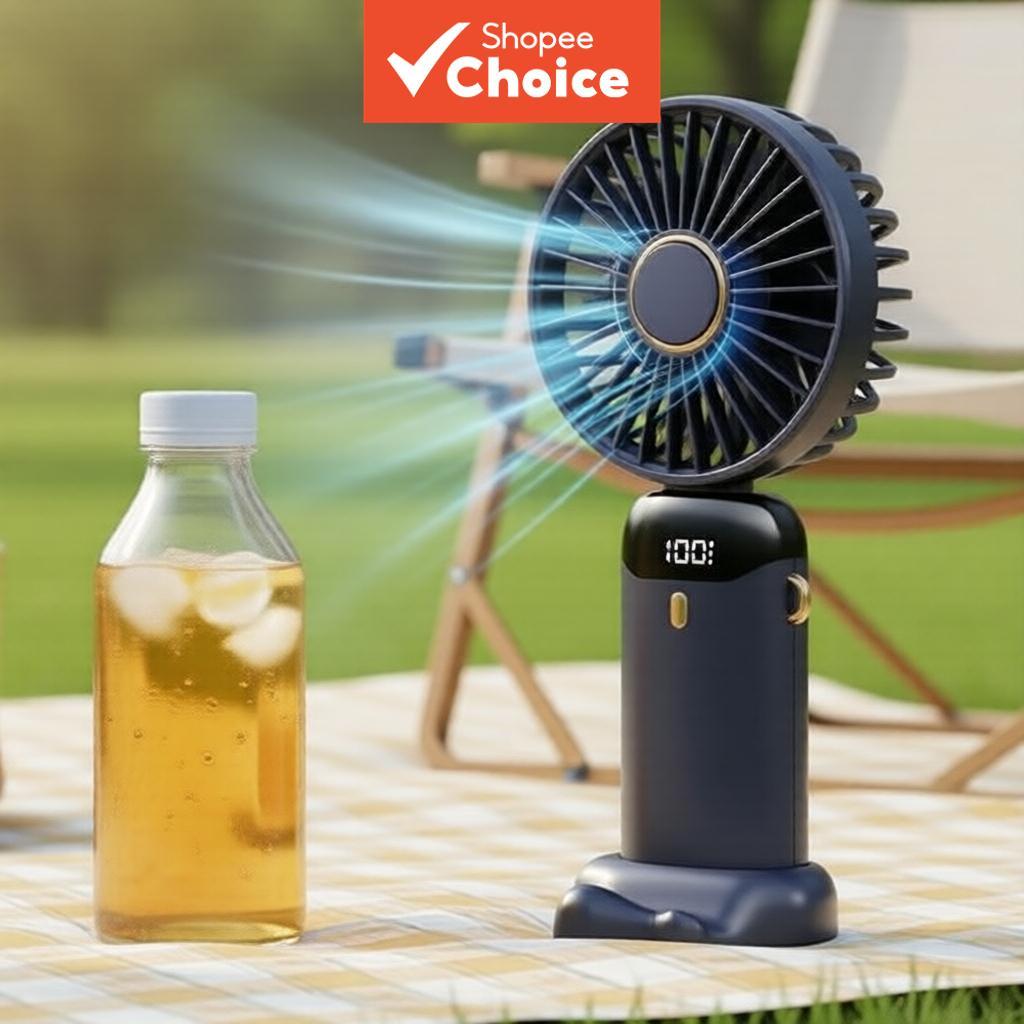 Handheld fan, portable mini fan - featuring LED digital battery display, 5 speed settings, 90° adjustable stand, and base. USB rechargeable - suitable for indoor and outdoor use. Kipas tangan, kipas mini mudah alih - dengan paparan bateri LED digital, 5