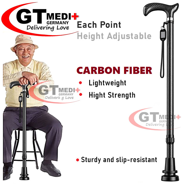 GT MEDIT GERMANY Adjustable Height Carbon Fiber Cane Walker Crutch Walking Aid Mobility Stick With Wide Base / Tongkat