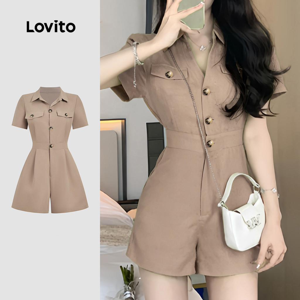 Lovito Elegant Jumpsuit Leisure Button Classic and Versatile Spring/summer Khaki Jumpsuit for Women L165ED225 Lovito Elegan Butang Santai Jumpsuit Khaki Klasik Dan Serbaguna Untuk Wanita L165ED225