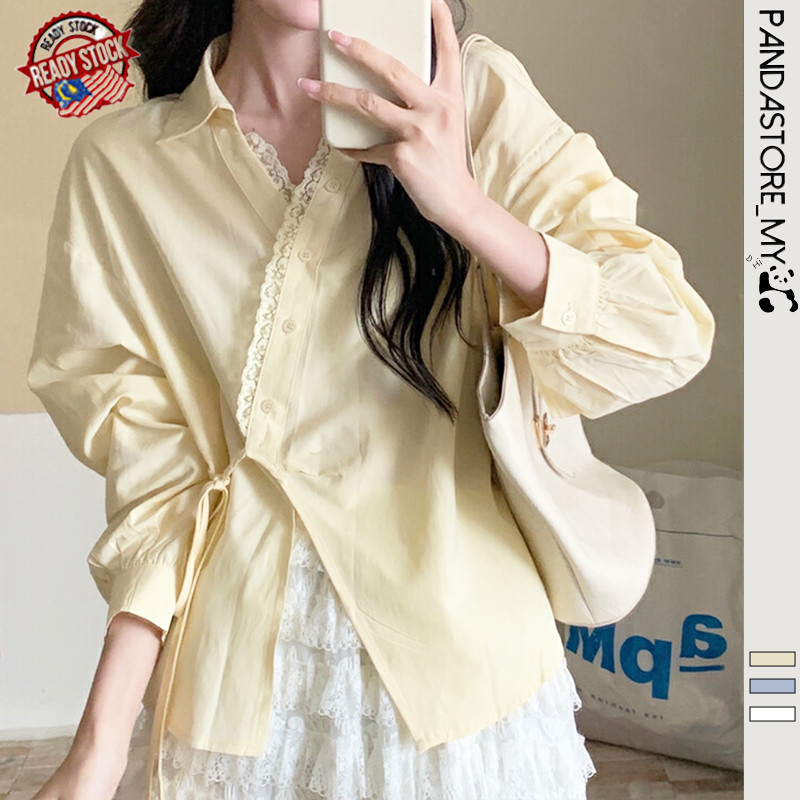 ?? READY STOCK New French Style Yellow Blouse for Women Side Lace-up Design Long Sleeve Shirt Baju Kemeja Perempuan