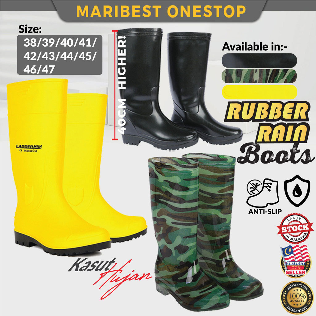 High Quality PVC Long Rubber Rain Boots Anti Slip Kasut Boot Getah Pasar Kebun Kuning Hitam Hijau Kasut Hujan Banjir