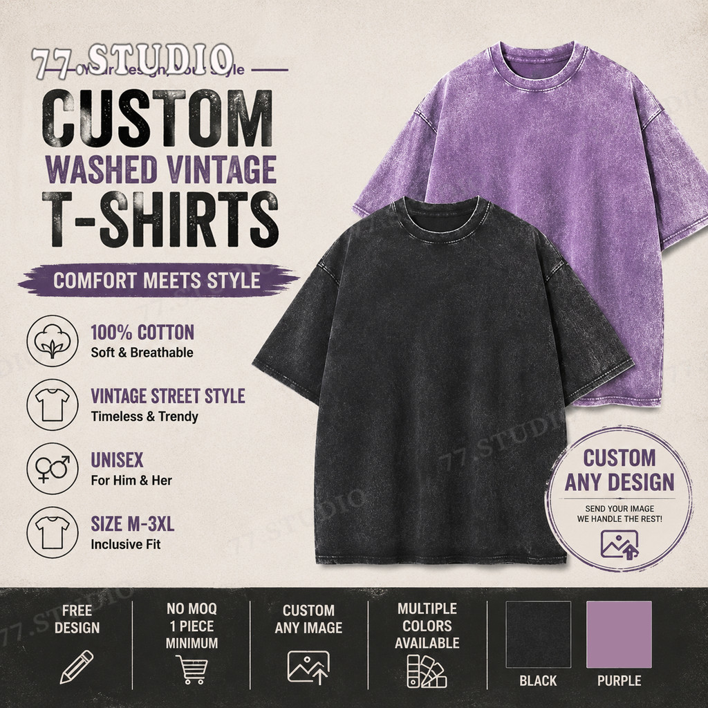 Washed Vintage T-Shirt Custom Print Unisex Tee 1pcs MOQ Free Custom Design Soft Washed Tee M-3XL Baju Lelaki Perempuan