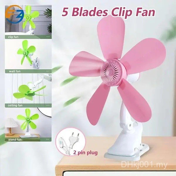Portable 4in1 5 Soft Blades Adjustable Mini Fan 15W Table Clip Fan Wall Fan Strong Wind 2 Pin Plug Kipas Meja Dinding clip  fan  electric cooler, Kipas Klip Mudah, Kipas angin, Kipas Asrama Pelajar Kipas Klip 5 Bilah 2 Pin – Kipas Meja / Dinding / Klip