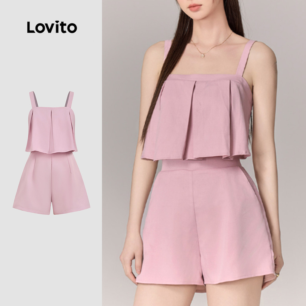 Lovito Casual Jumpsuit Ruffle Pleated Spring/summer Pink Jumpsuit for Women L178ED614 Lovito Casual Jumpsuit Beropol Berlipat Musim Bunga/panas Merah Jambu untuk Wanita L178ED614