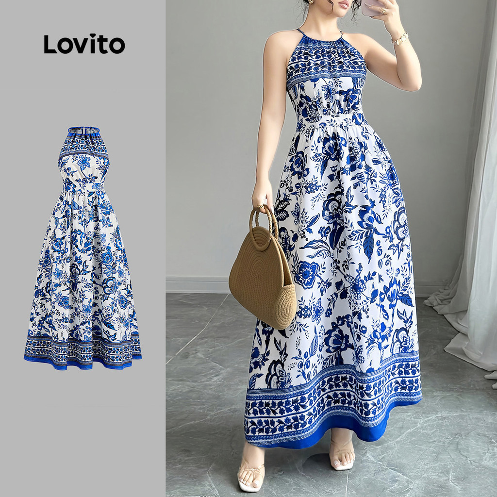 Lovito Vacation Dress Tie Back Spring/summer Blue and White Dress for Women L143ED165 Gaun dengan Tali Belakang Musim Bunga/panas Gaun Biru dan Putih untuk Wanita L143ED165