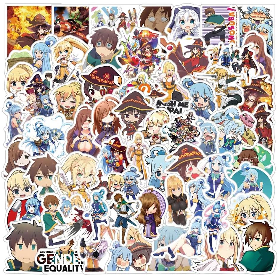 63Pcs Pek Pelekat Anime KonoSuba, Poster Manga Kartun Vinyl Tahan Air untuk Botol Air, Komputer Riba, Telefon, Papan Luncur, Buku Skrap, Pilihan untuk Jurnal, Sesuai untuk Hadiah Parti