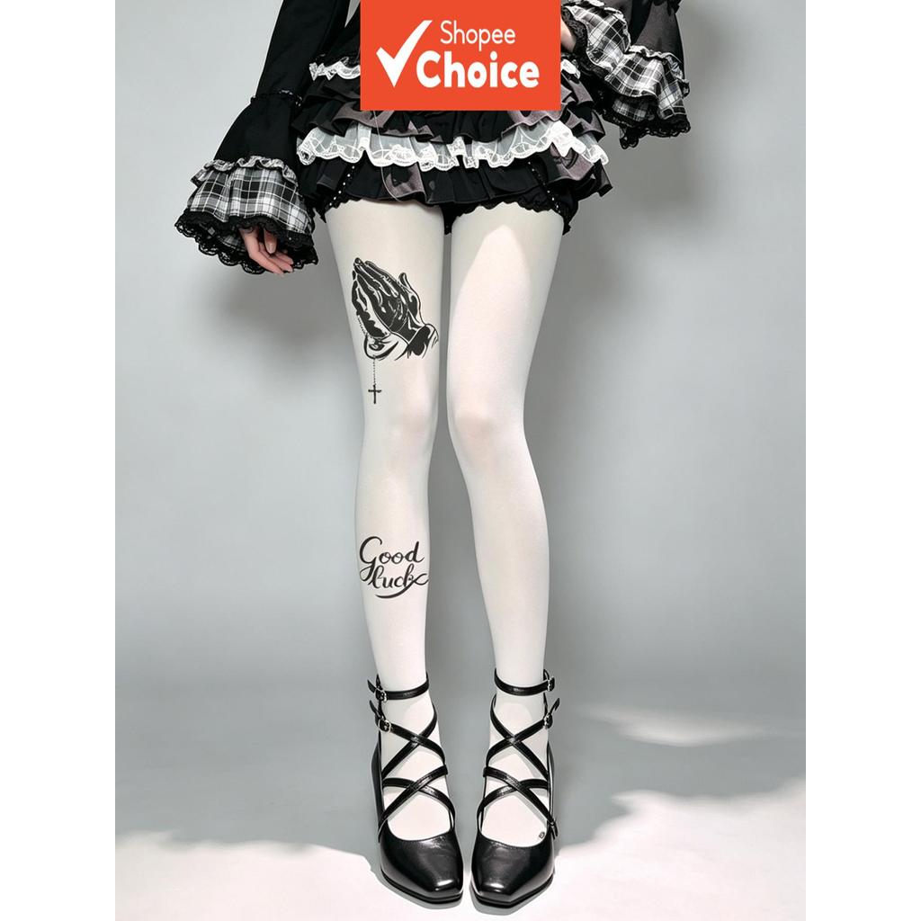 Y2K Lucky Tights for Women - Cute Fashion Retro Stockings - Vintage Good Luck Print Leggings for Party Date Cosplay - White Stoking Wanita Y2K Bertuah - Stoking Retro Bergaya Comel - Legging Cetakan Nasib Baik Vintage untuk Parti, Janji Temu, Cosplay -