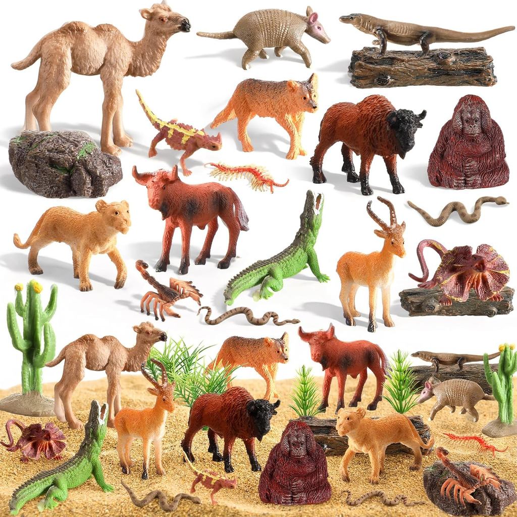 Gerrii 33pcs Set Figura Haiwan Gurun Model Playset Pokok Kaktus Kit Diorama Projek dengan Cicak Unta Kalajengking Mainan Pendidikan Reptilia untuk Hiasan Kek Hadiah Hari Lahir