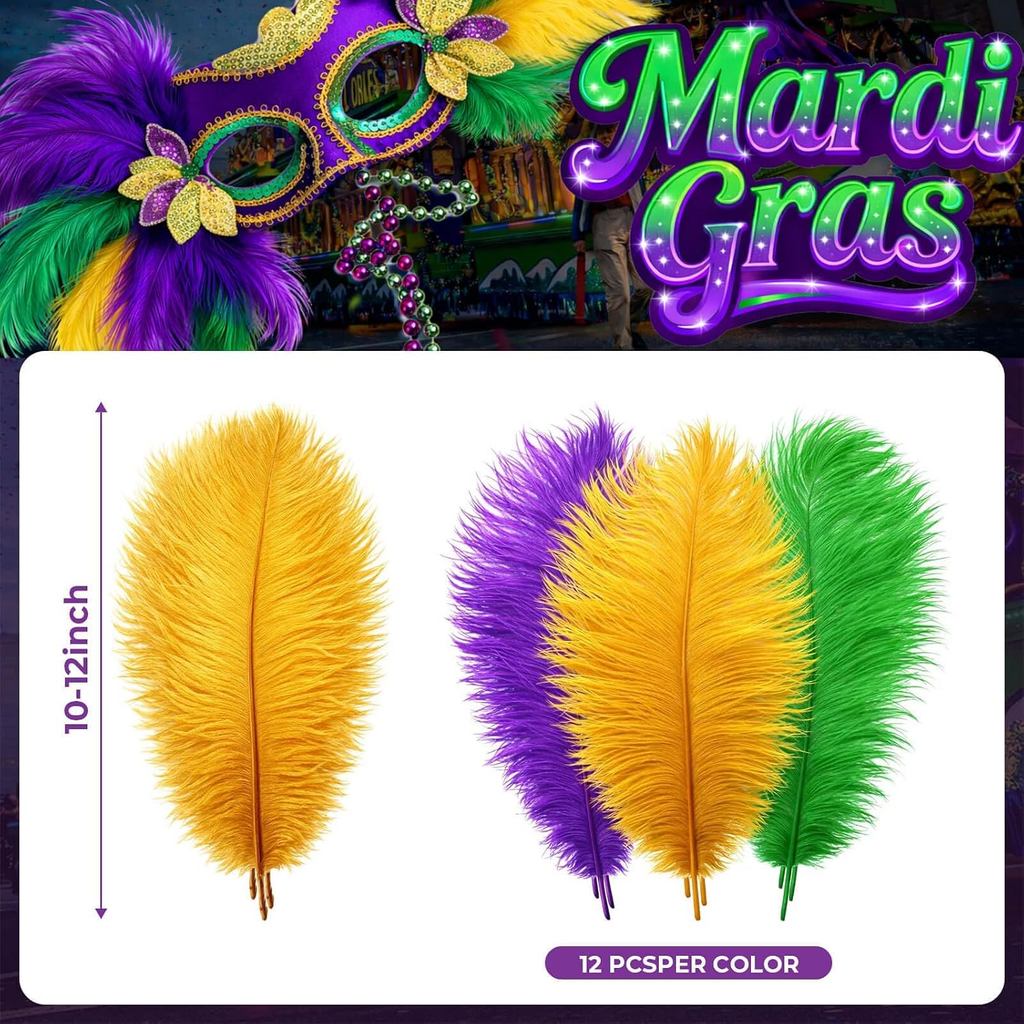 Piokio 36 pcs Bulu Burung Unta Mardi Gras 10-12 inci (25-30 cm) Pukal untuk Pakaian dan Aksesori DIY Mardi Gras Hiasan Pesta Topeng Hiasan Meja (Emas Hijau Ungu)