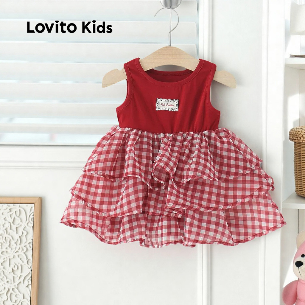 Lovito Kids Cute Christmas Dress Tiered Layer Spring/summer Red Dress for Girl LNL123257 Lovito Pakaian Krismas Kanak-kanak Comel Lapisan Berperingkat Pakaian Merah Musim Bunga/musim Panas Untuk Gadis