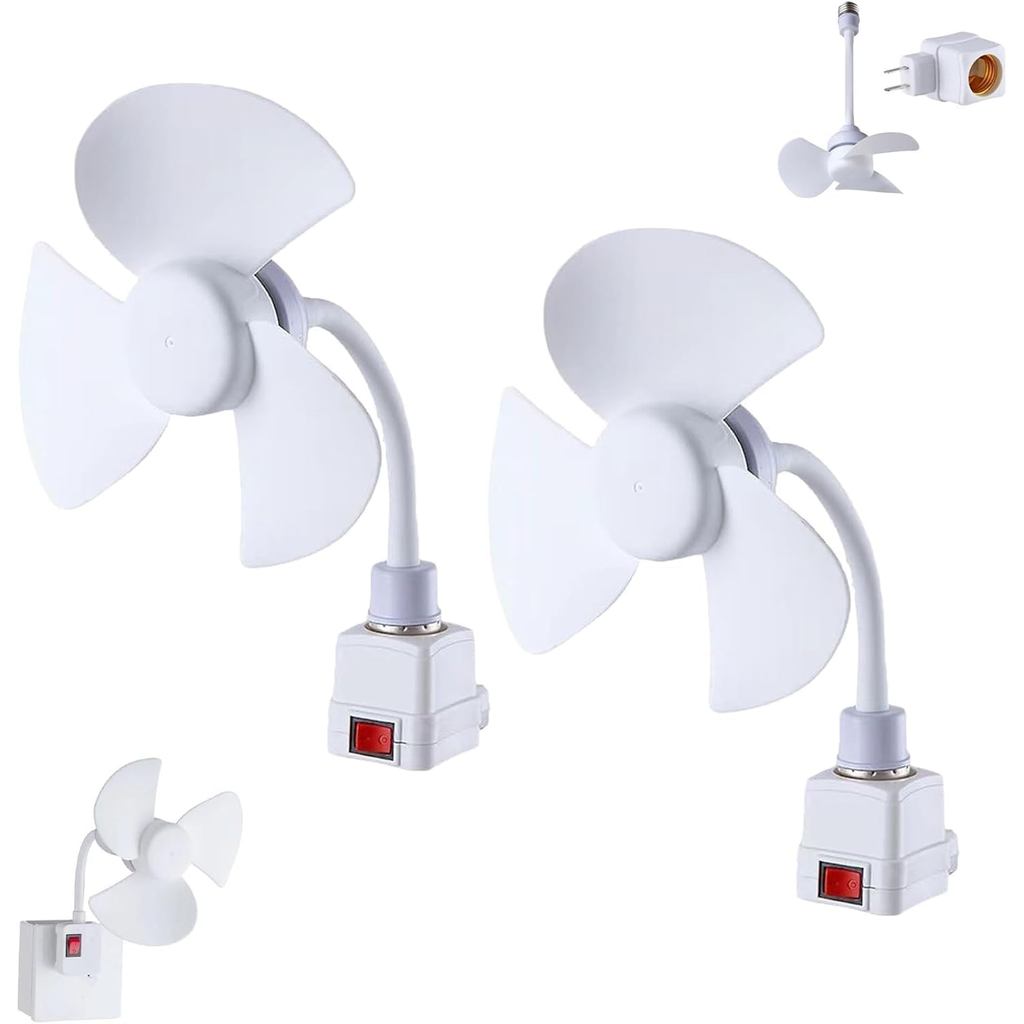 Kit Kipas Soket E27 dengan Penyesuai Palam – Kipas Elektrik Mini Senyap dengan Palam Leher Angsa Fleksibel, Kipas dengan Tapak Mentol Lampu, Sudut Boleh Laras untuk Dapur, Bilik Mandi, Pejabat (Putih-2)