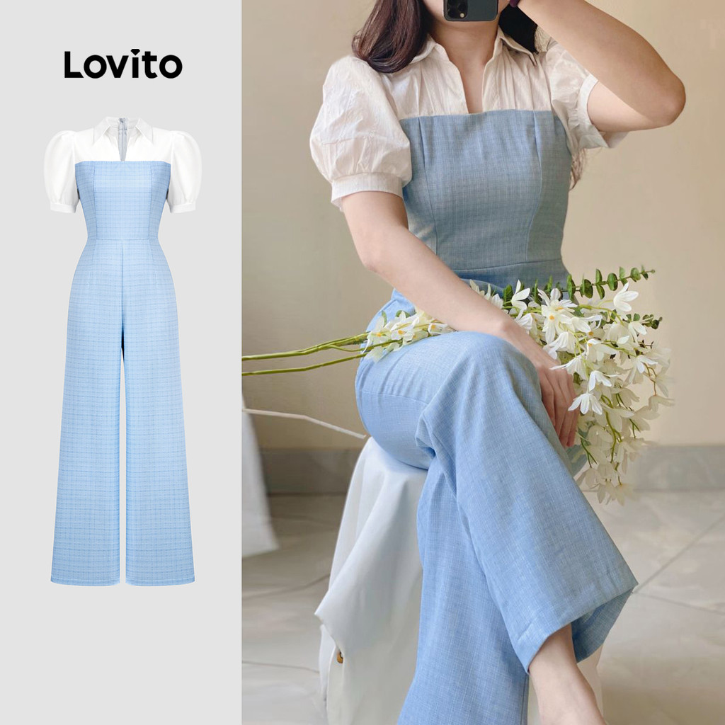 Lovito Elegant Jumpsuit Colorblock Zipper Spring/summer Blue Jumpsuit for Women L137ED822 Lovito Elegant Jumpsuit Warna Blok Zip Automatik Musim Bunga/panas Biru untuk Wanita L137ED822